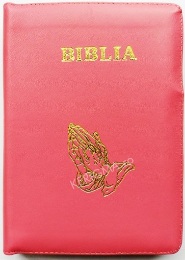 Biblia legata in piele, cu fermoar [format mijlociu] [roz, maini in rugaciune]