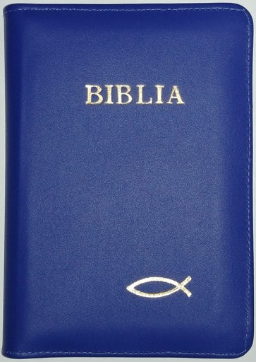 Biblia legata in piele, cu fermoar [format mic] [albastru, peste]