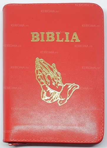 Biblia legata in piele, cu fermoar [format mic] [rosu, maini in rugaciune]