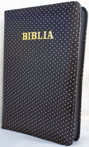 Biblia (piele, negru cu picățele roz, mijlociu, fermoar)