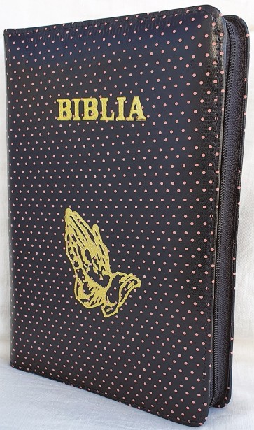 Biblia (piele, negru cu picățele roz, mijlociu, fermoar, mâini în rugăciune)