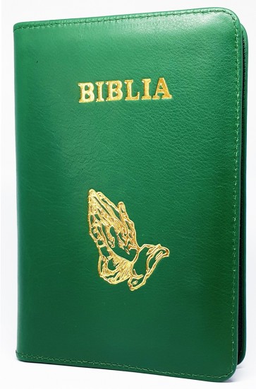 Biblia (piele, mijlociu, fermoar, verde, mâini în rugăciune)