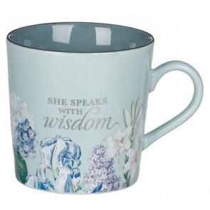 Cană ceramică (albastru) - She speaks with wisdom -- Proverbs 31:26