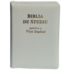  Biblia de studiu pentru o  viață deplină [ediție de lux, coperta piele, alb, cu fermoar, aurie, index de căutare]