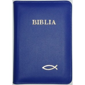 Biblia legata in piele, cu fermoar [format mijlociu] [albastru, peste]