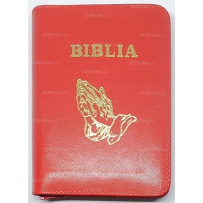 Biblia legata in piele, cu fermoar [format mic] [rosu, maini in rugaciune]