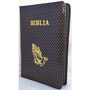 Biblia (piele, negru cu picățele roz, mijlociu, fermoar, mâini în rugăciune)