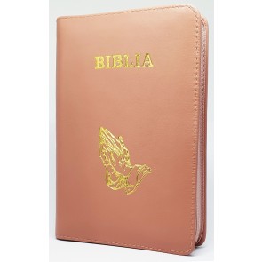 Biblia (piele, mijlociu, fermoar, roz pal, mâini în rugăciune)