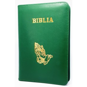 Biblia (piele, mijlociu, fermoar, verde, mâini în rugăciune)